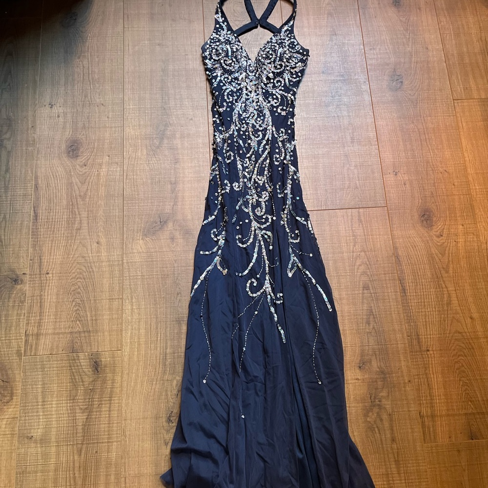 Navy blue prom dress with silver sequence detail